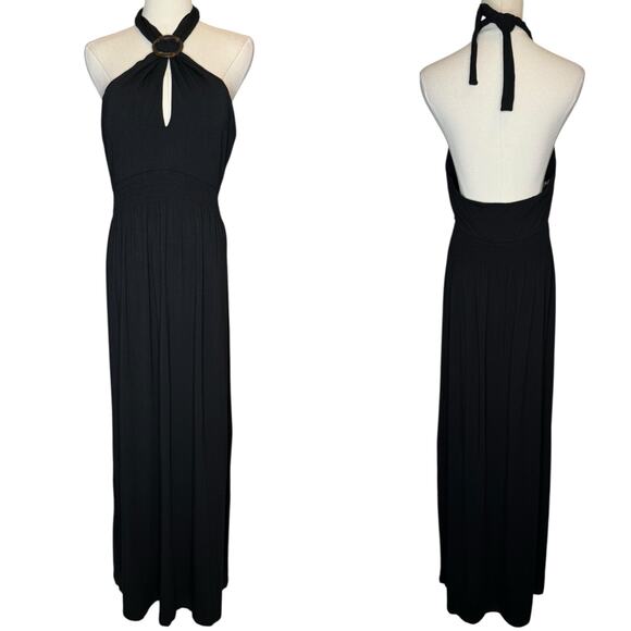 Tommy Bahama Halter Maxi Smocked Waist Black Dress Tortoise Shell Ring Medium - Picture 1 of 3